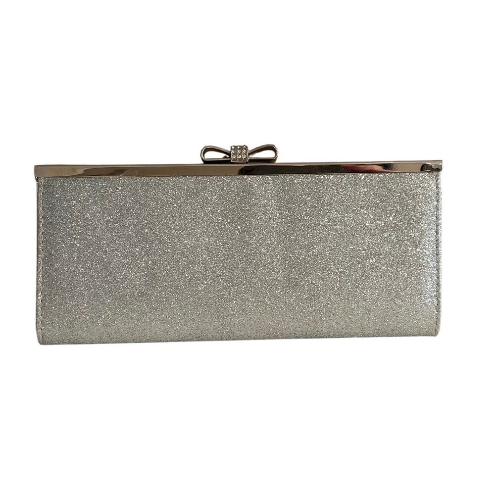 Inc. International Concepts Silver Glitter Evening Clutch with Rhinestone Bow
